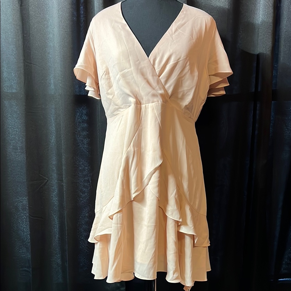 Pink Tan High Low Wrap Dress with Flutter Sleeves